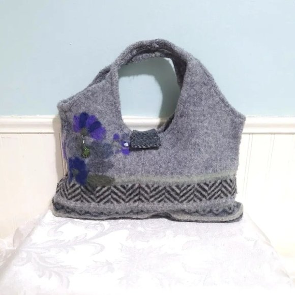 Handmade Gray Purple Felted WOOL Beaded Embroidered Small Hand Bag Tote Purse - Picture 1 of 12
